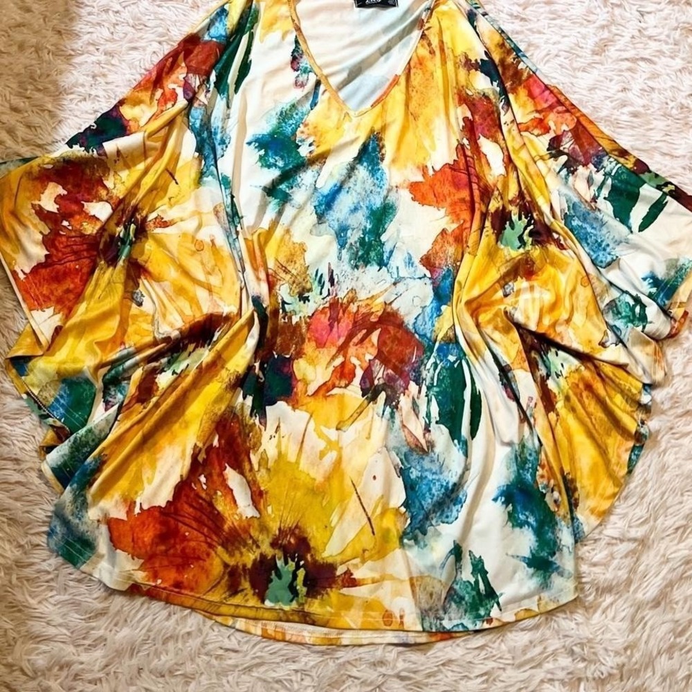 Abstract Watercolor Floral Artistic Vivid Colorful Whimsical Poncho Top Women 4x